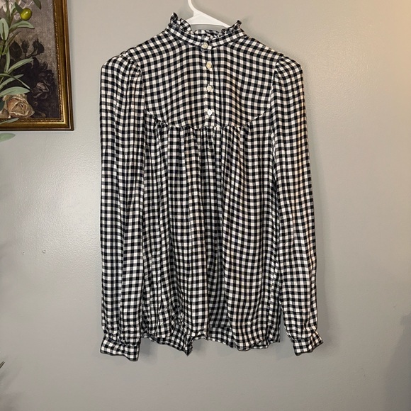 GAP Black & White Gingham Ruffle Neck Peasant Blouse XS Cottagecore - Picture 6 of 8